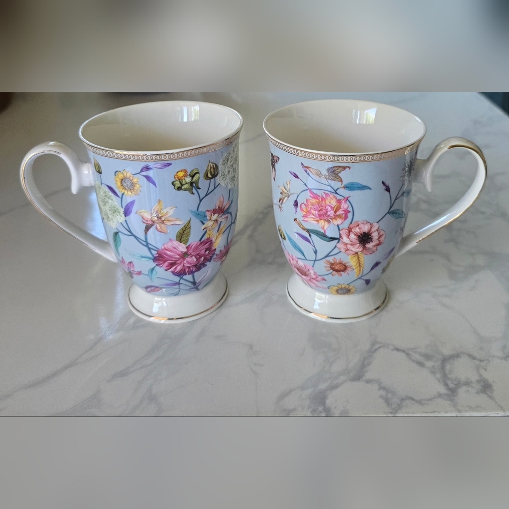 Grace Teaware Blue Floral Coffee Tea Mugs Gold Rim‎ Fine Porc China Set Of 2